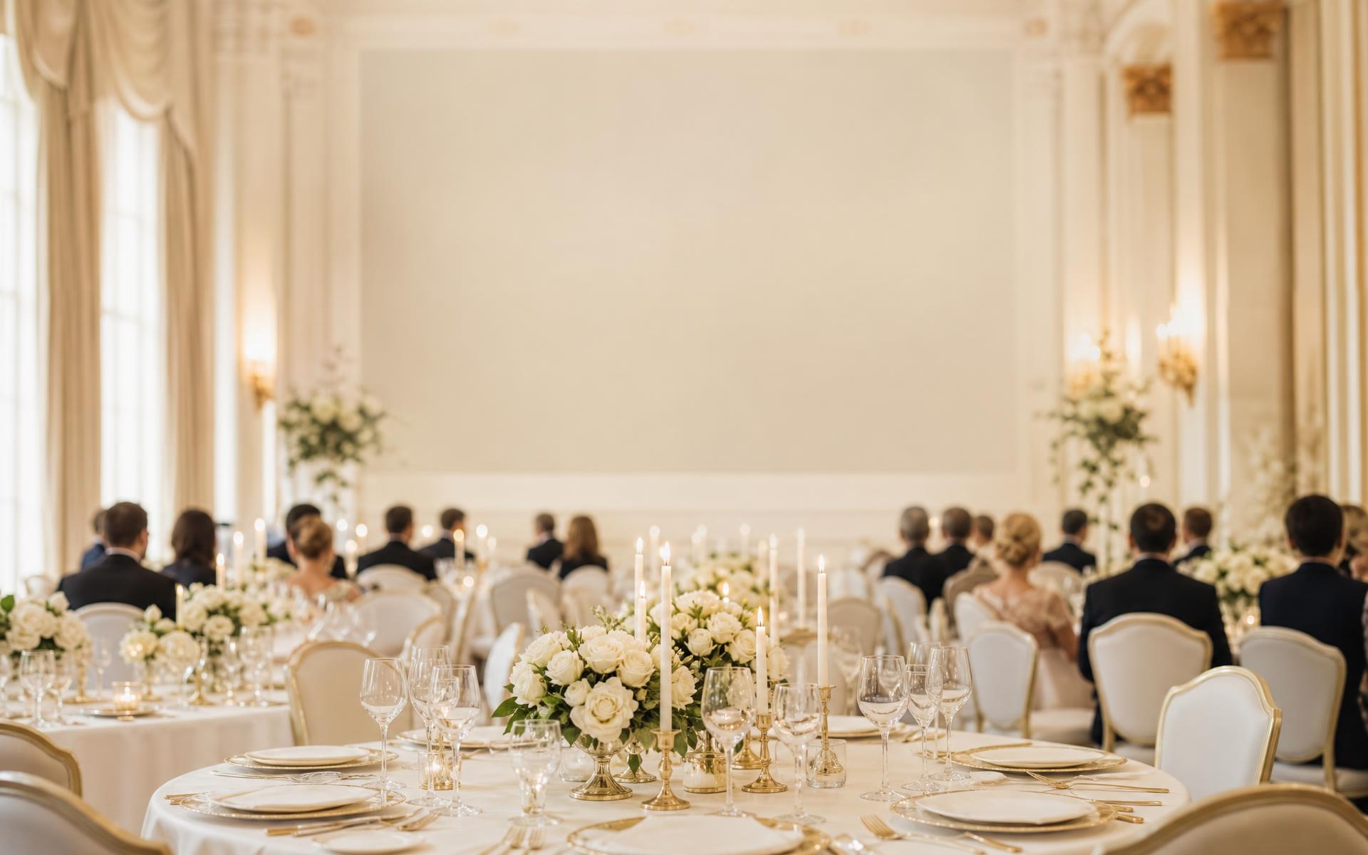 Elegant airy reception room with beautifully set tables and candlelight